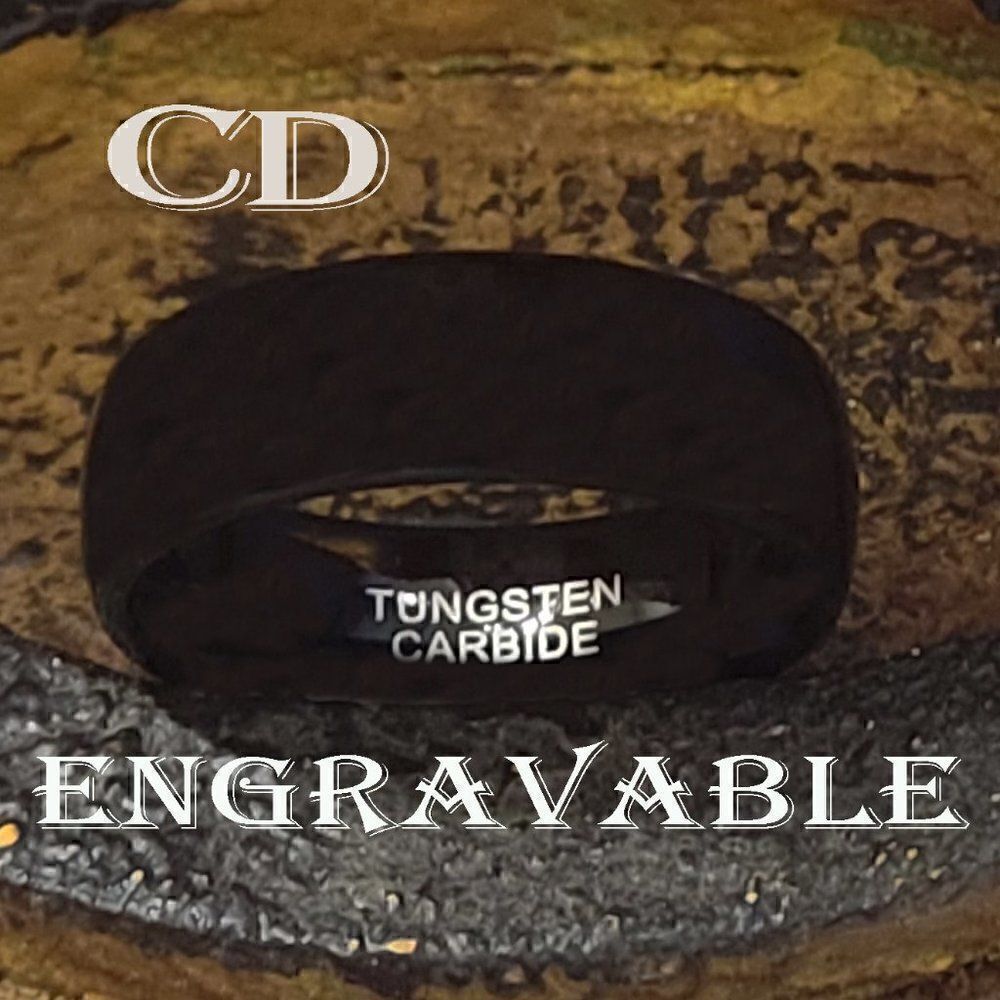 Engraved Mens Real Black Tungsten Wedding Band Dome Design Durable Black Coating